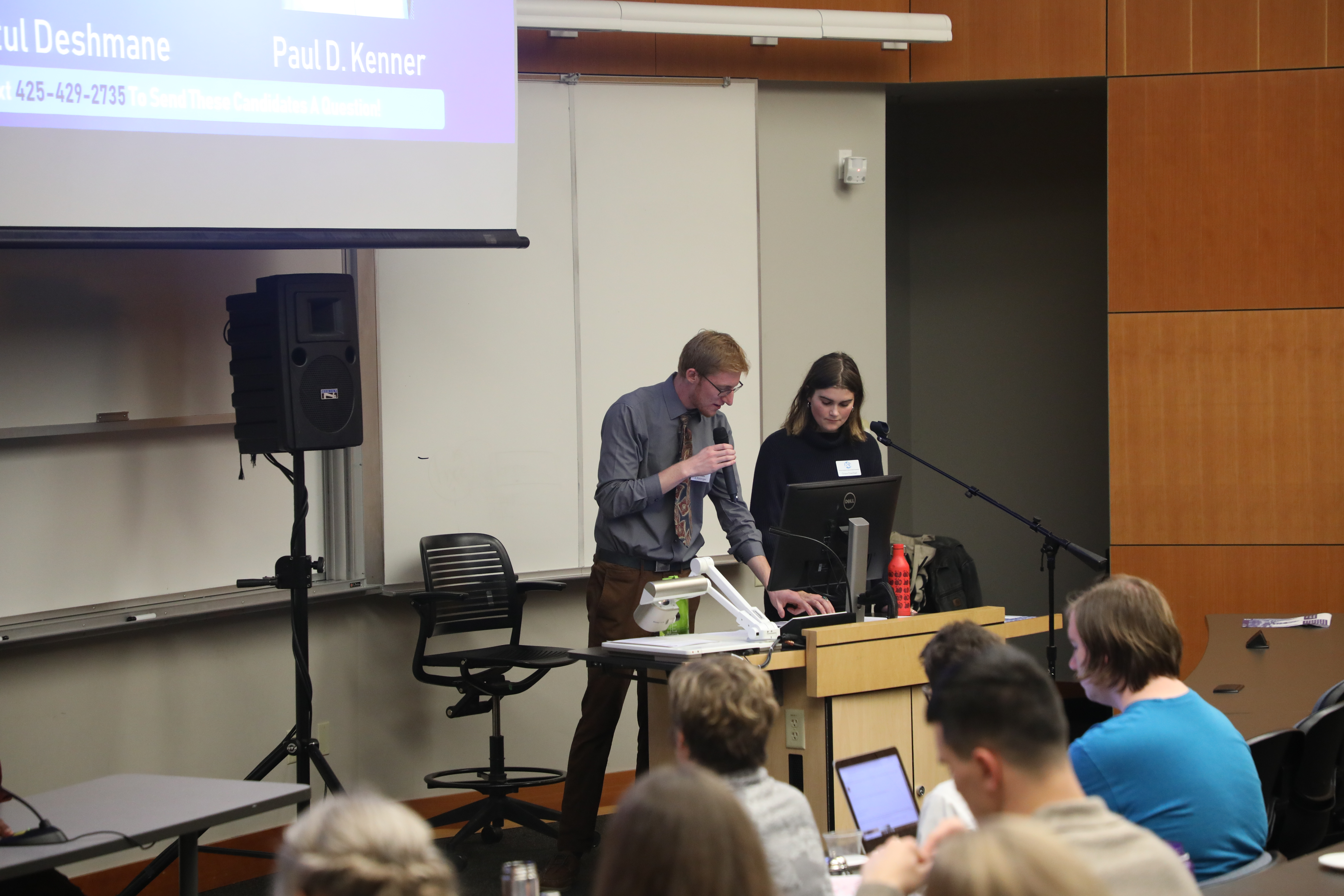 Patrick Kissinger, Western's AS Legislative Liason (left), and Grace Drechsel, AS Board Assistant for Representation Comittees, mediate the Local Candidate Forum.