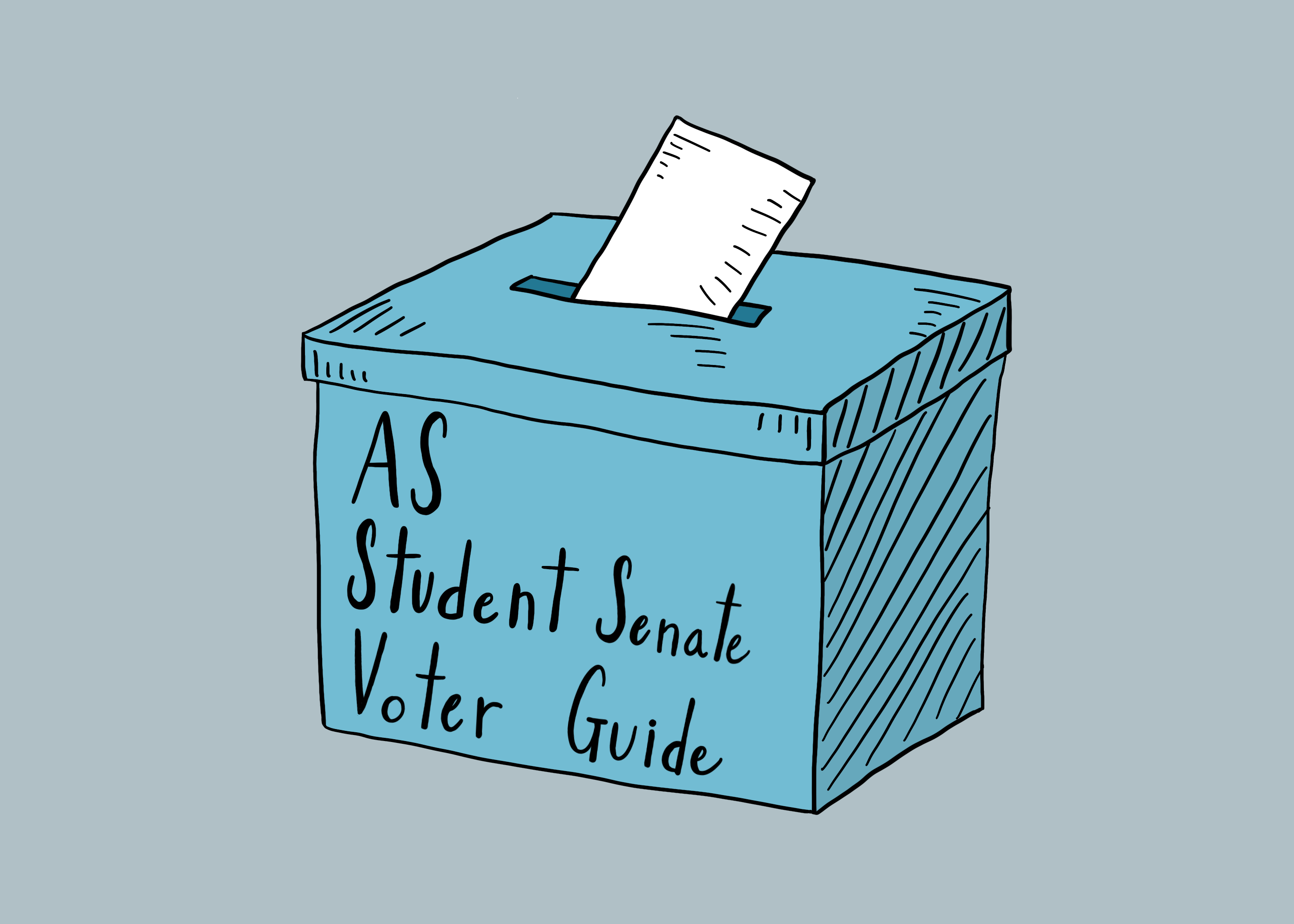 A hand-drawn graphic of a voting box with a ballot going in. "AS Student Senate Voter Guide" is written on the side.