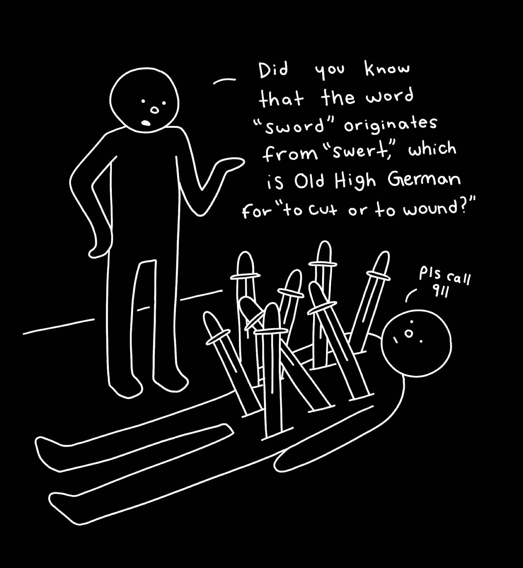 Graphic of a stick figure saying "Did you know that the word 'sword' originates from 'swert,' which is Old High German for 'to cut or to wound'?" while another stick figure has 8 swords sticking out of them and saying "please call 911."