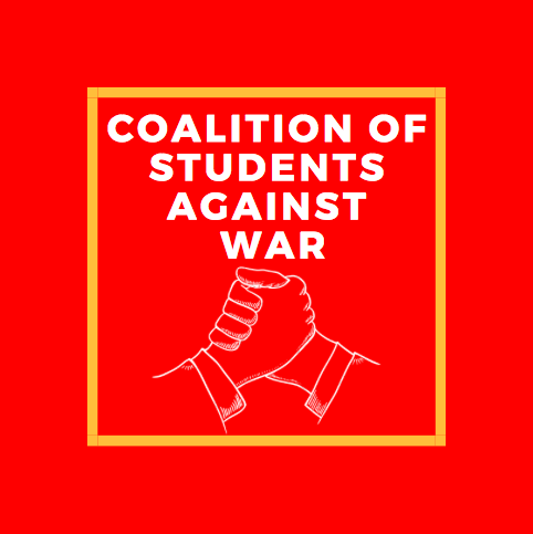 Image of the logo for the Coalition of Students Against War. The logo has an image of two hands grasping each other.