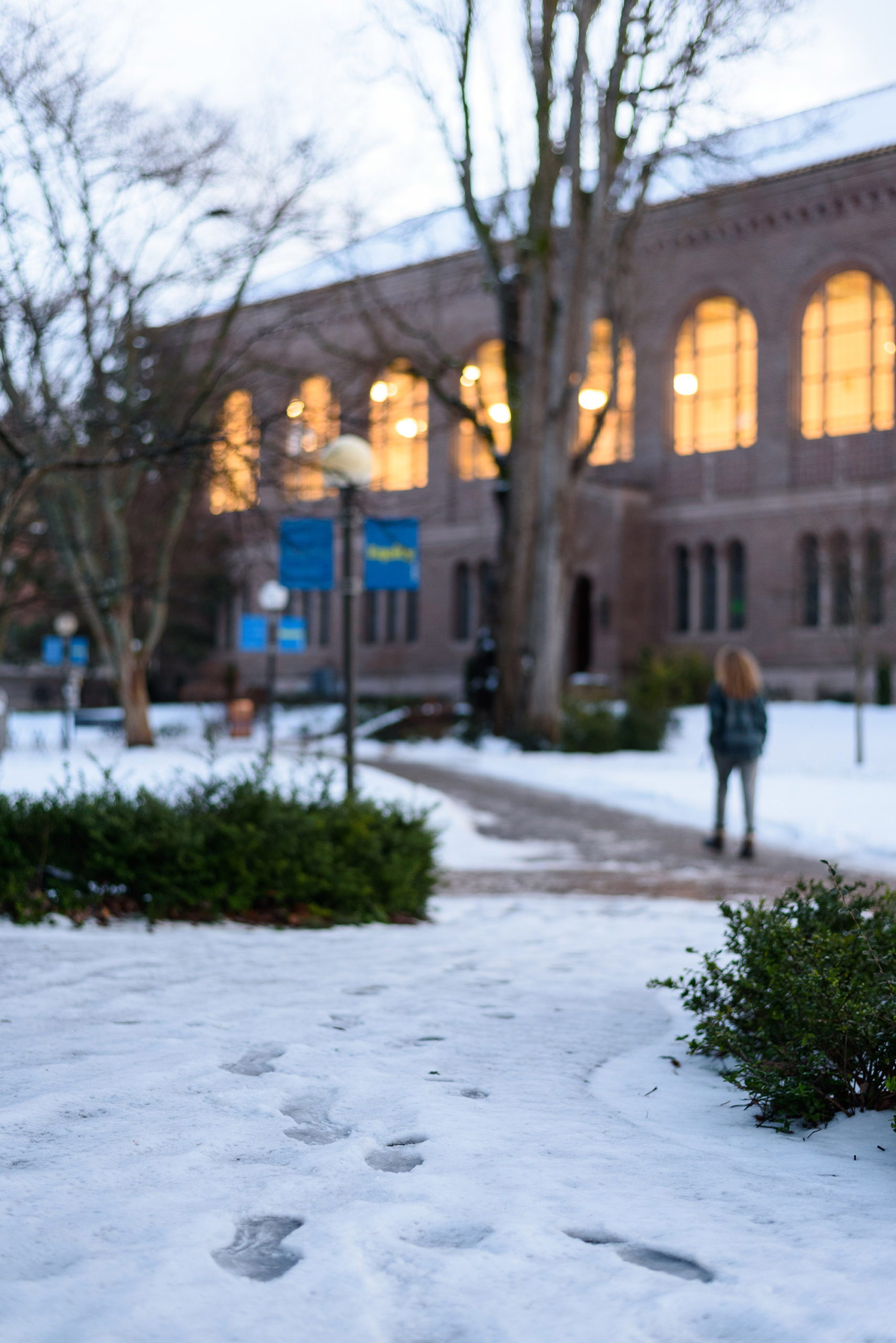 Image of footprints in the snow on an uncleared path from the Viking Union to Wilson Library.