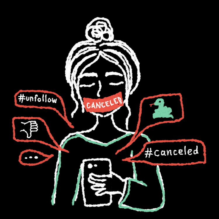 Illustration of person looking into a phone with "canceled" written across their mouth and speech bubbles of a snake, #canceled, an ellipses, #unfollow and a thumbs down.