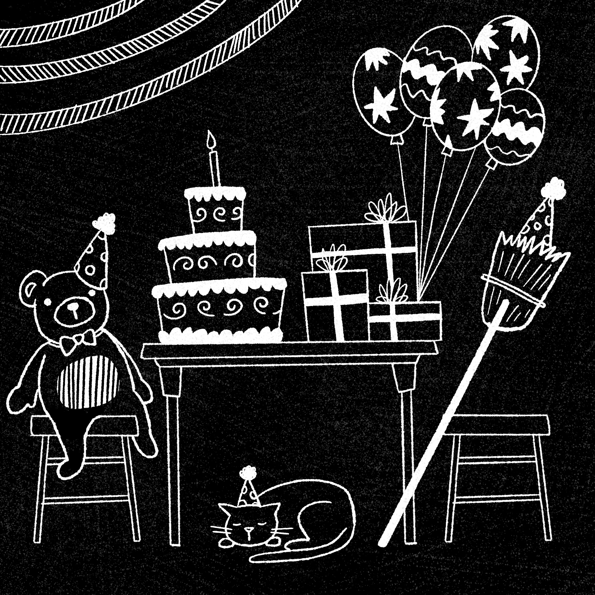 Illustration of a teddy bear, birthday cake, presents and balloons.