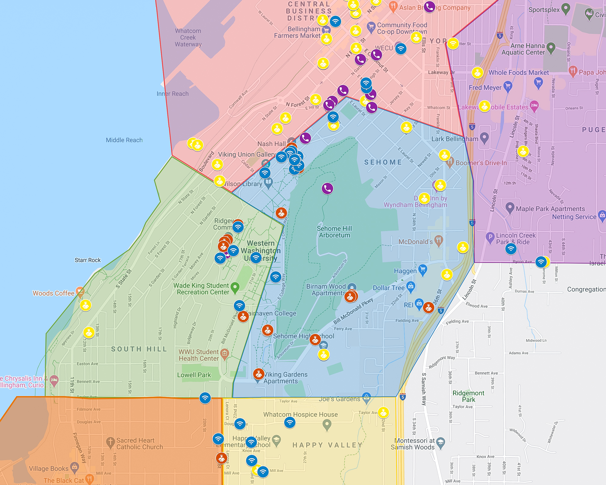 Photo of a map of Bellingham with points where people reported assault.