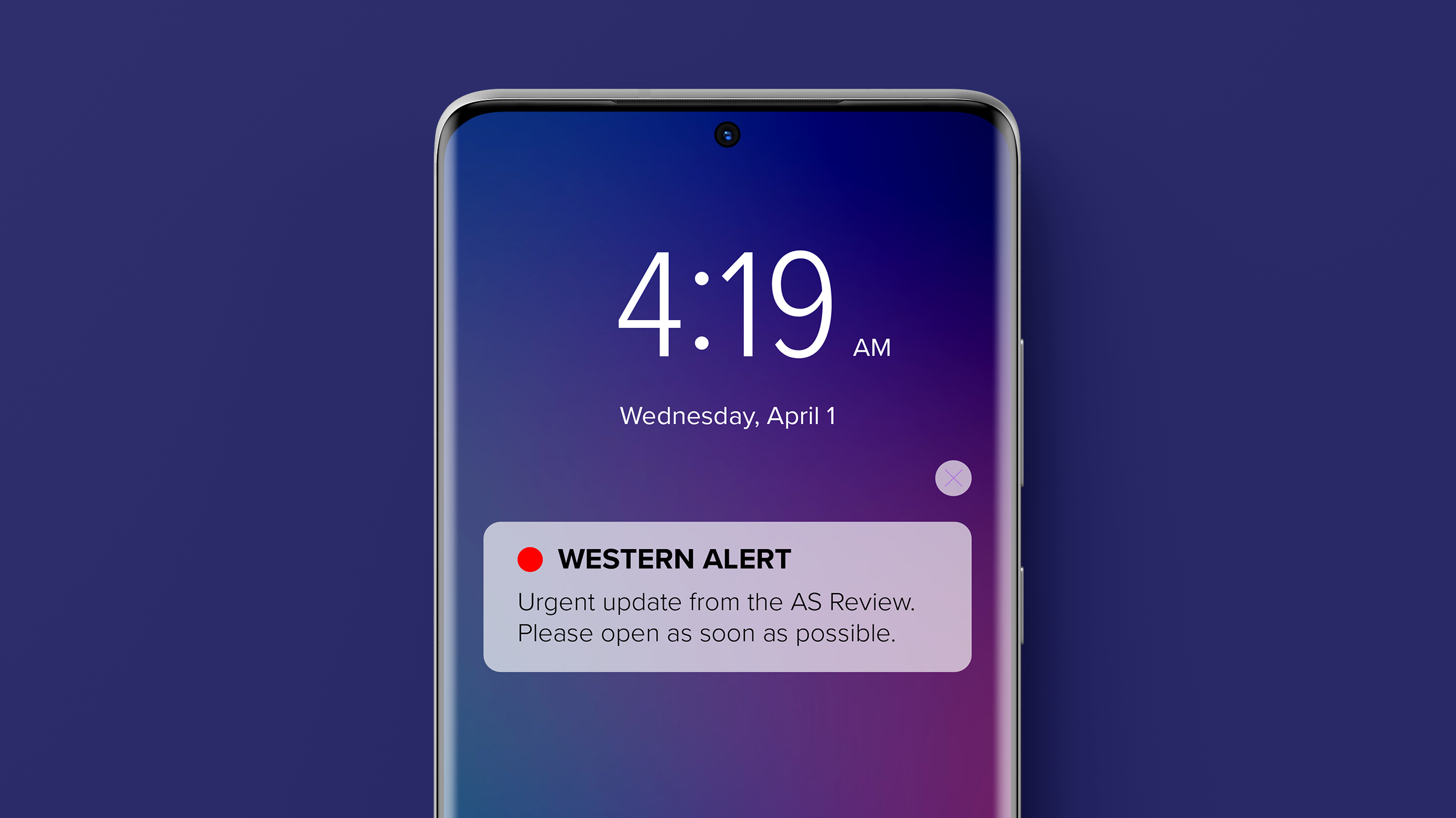 Image of a phone screen displaying "Western Alert, urgent update from the AS Review, open as soon as possible."