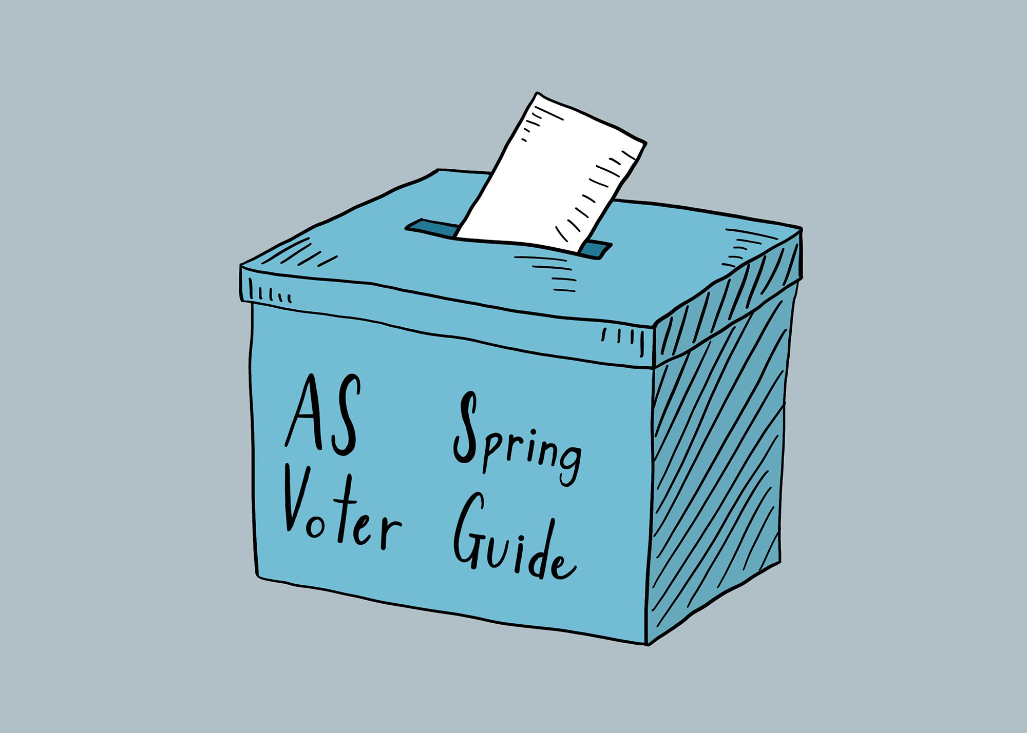 Graphic of a voting box with a ballot going in. "AS Spring Voter Guide" is written on the side.