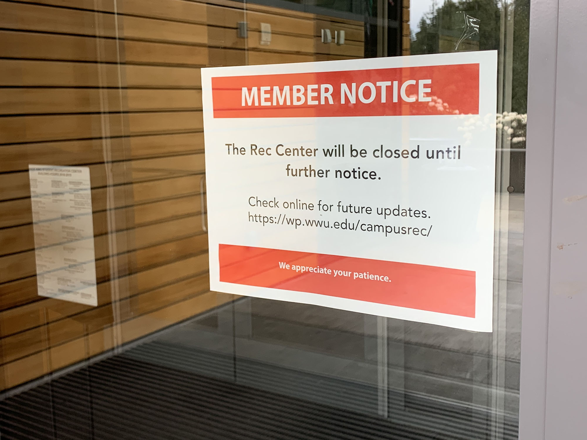 Image of Rec Center Notice, reads " The Rec Center will be closed until further notice. Check online for future updates. We appreciate your patience."