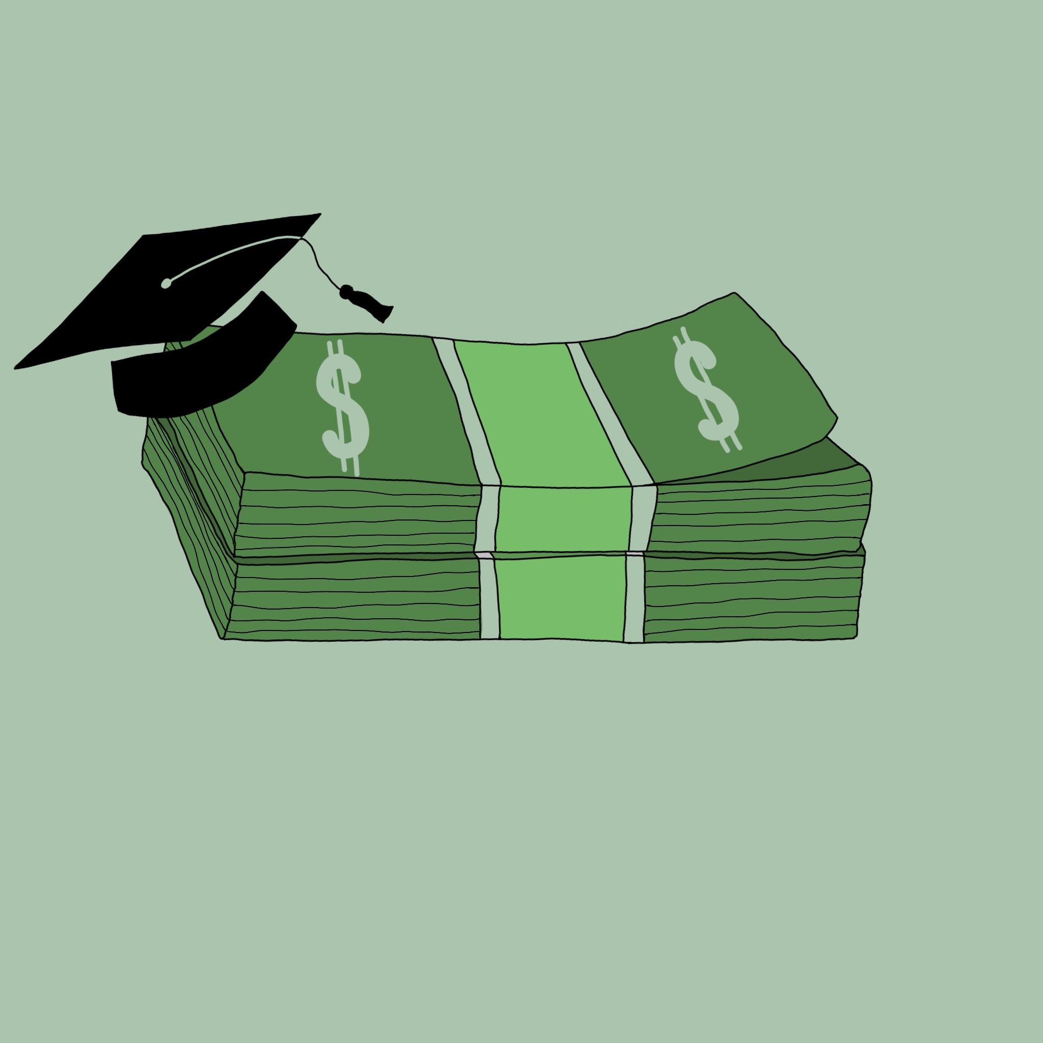 Graphic of a stack of dollar bills, topped with a graduation cap.