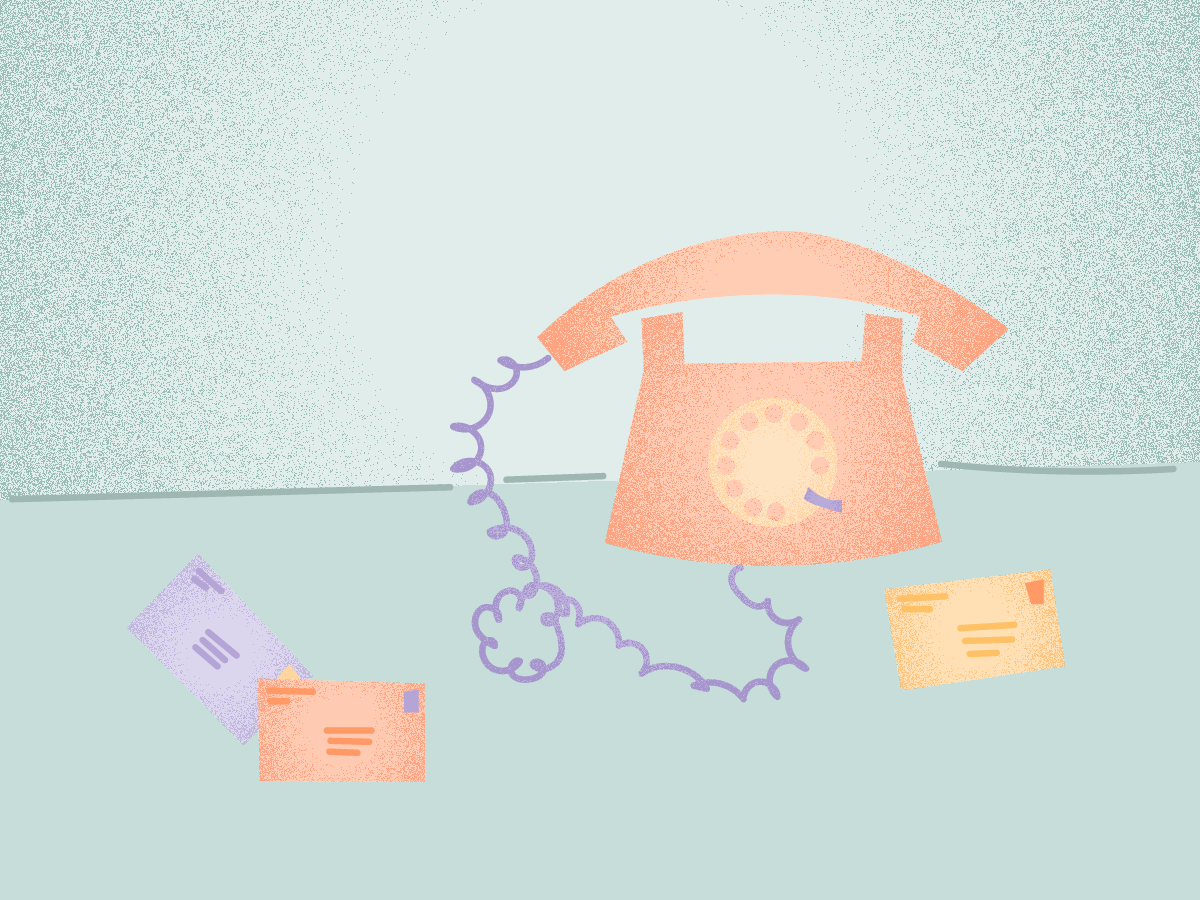 Illustration of a landline telephone next to three letters.