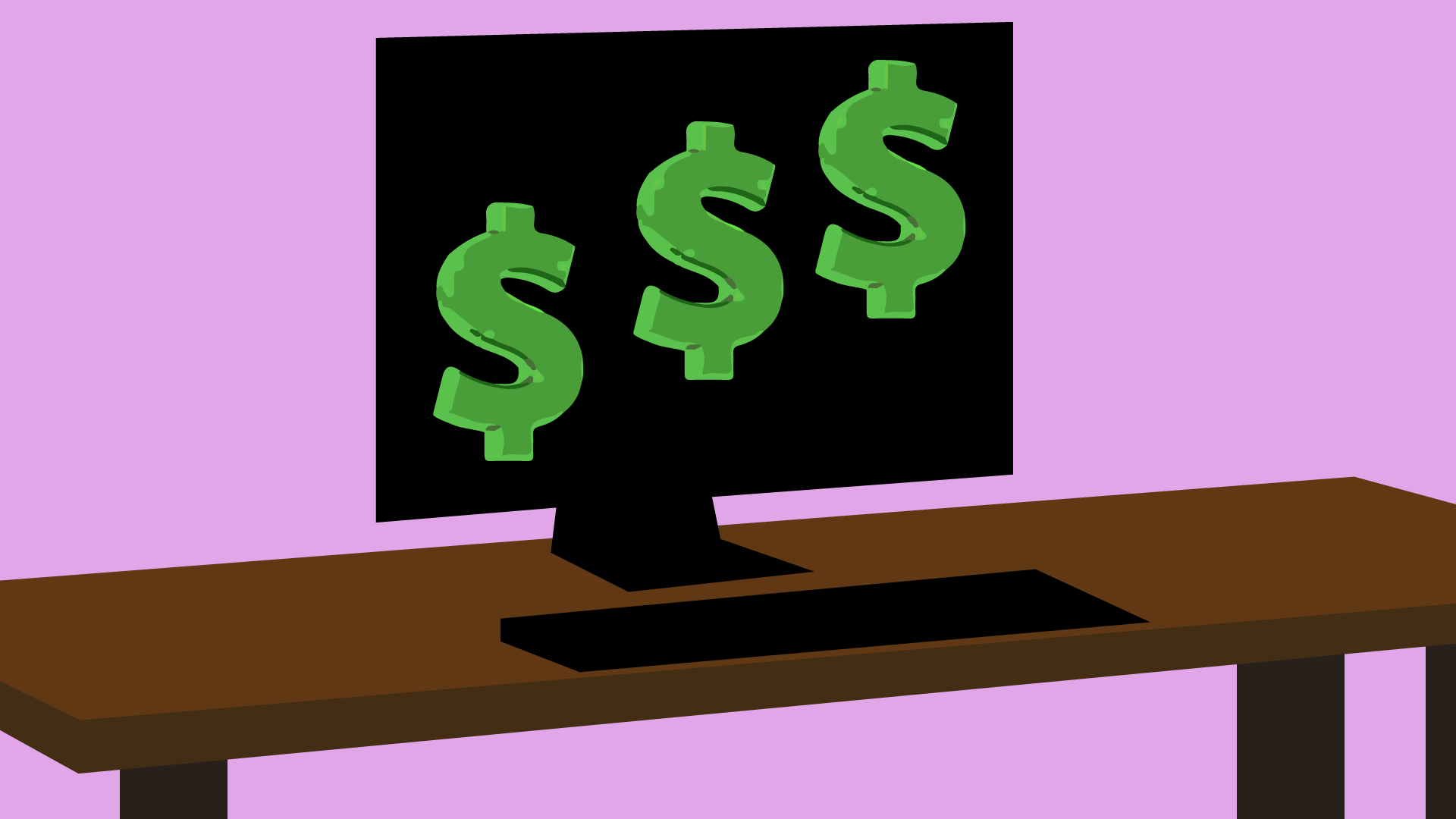 Graphic depiction of a computer screen with three green dollar signs with a lavender background