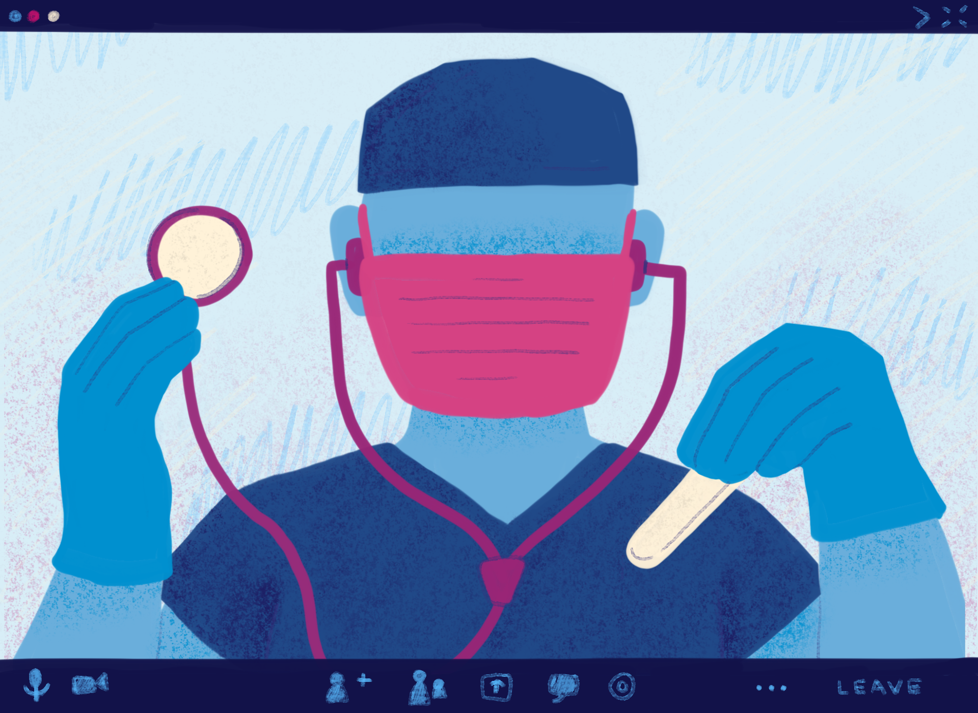 Graphic of doctor wearing a face mask on a Zoom call screen.
