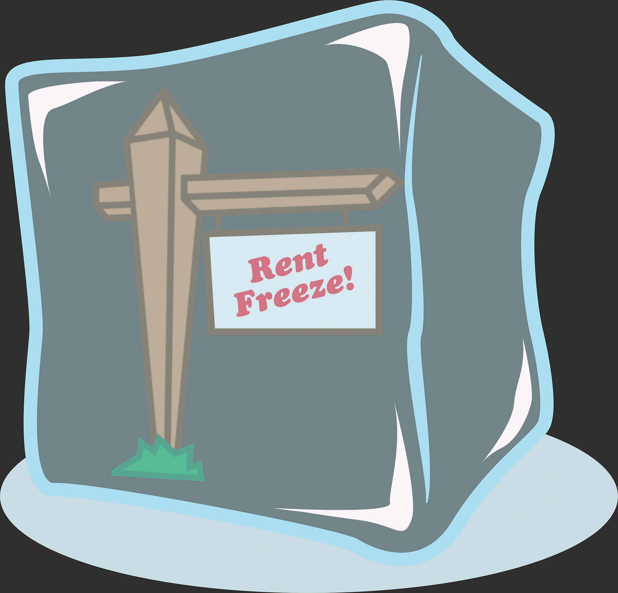 Graphic illustration of a rent sign frozen in a block of ice. The sign reads: "rent freeze!"