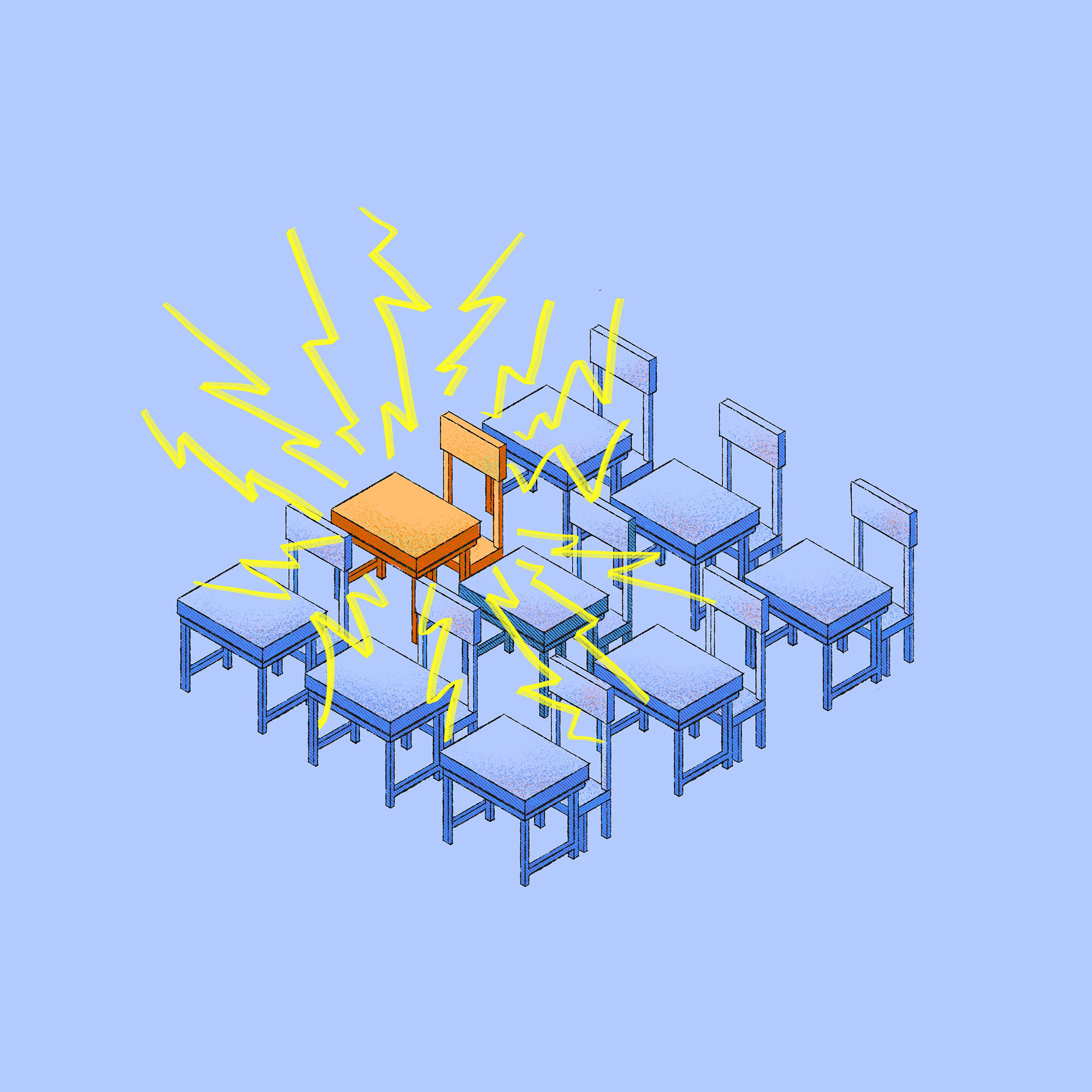 Illustration of a distressed chair in the midst of other chairs.
