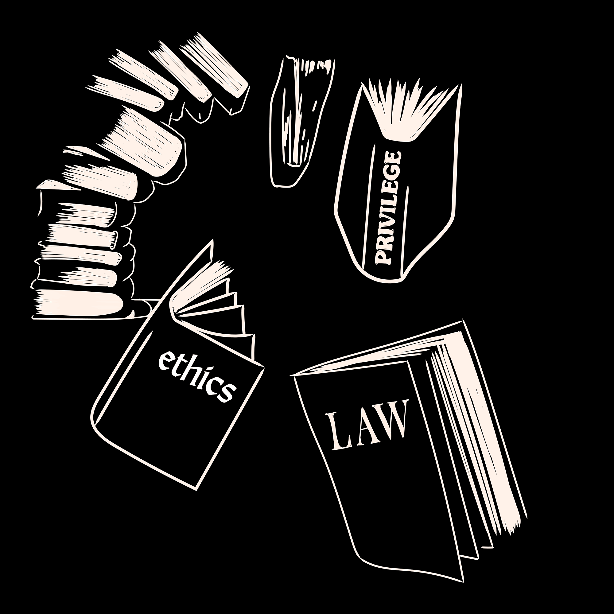 Graphic of books labeled ethics, law, and privilege.