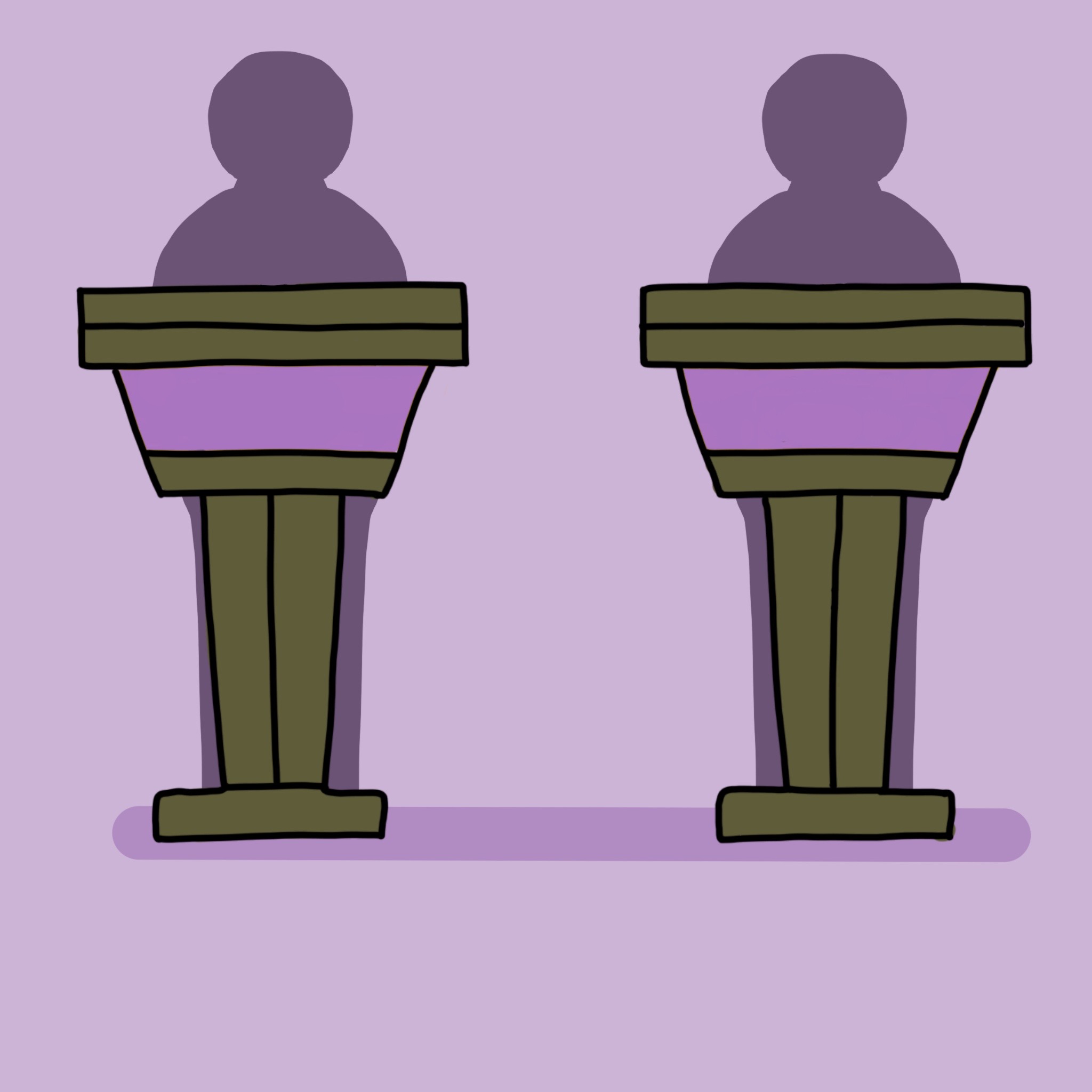 Graphic of two individuals standing behind two forum podiums.