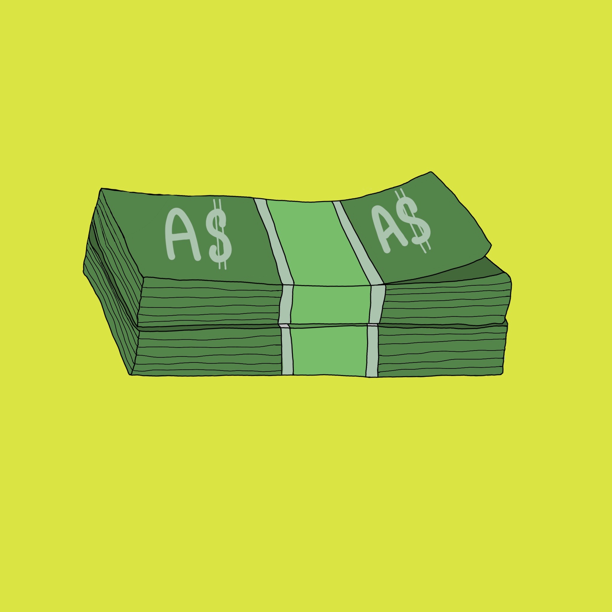 Graphic of a stack of dollar bills with AS written on it, but the S is a dollar sign.