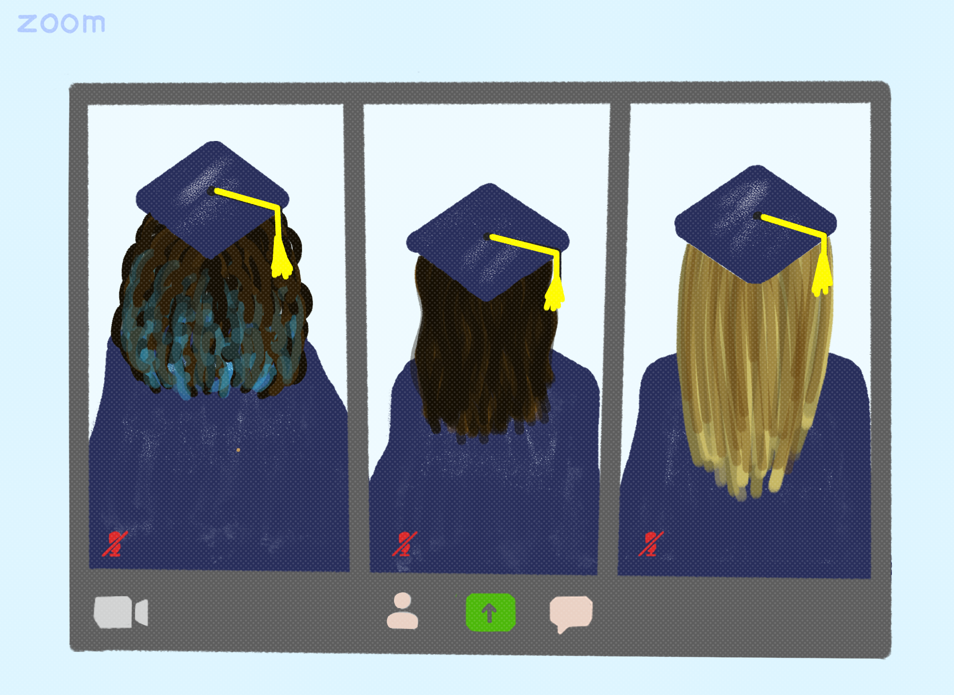 Graphic of three students in graduation robes with their backs to the camera on a Zoom call.
