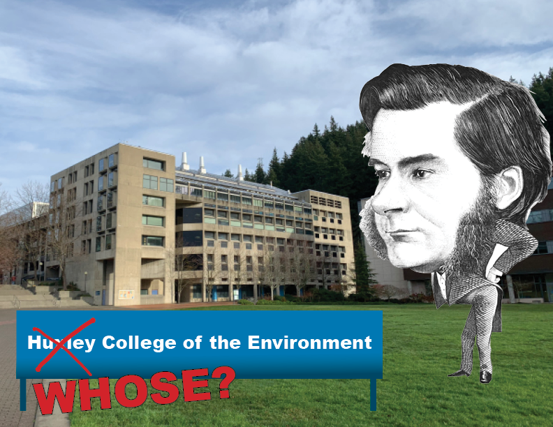 Edited photo of a cartoon drawing of Thomas Huxley in front of the Environmental Science building with the name of the college of the environment crossed out